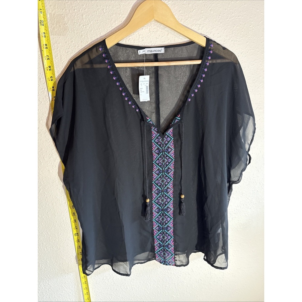 Maurices Size 2 NWT Embroidered Boho Coverup‎ Black Sheer With Tassles Beachy